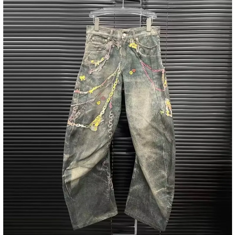 

Designed Heavy Industrial Chain Printed Straight-leg Long Pants Trendy Street Retro Punk Hip-hop Floor-length Jeans Fashionable