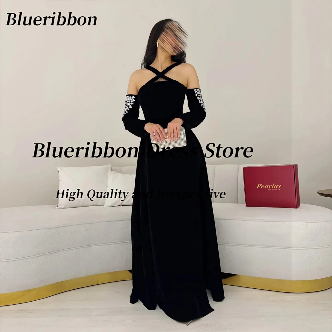 Blueribbon Black Velour Prom Party Dresses Criss Cross Neckline Customized Evening Gowns Crystals Long Sleeves فساتين سهرة