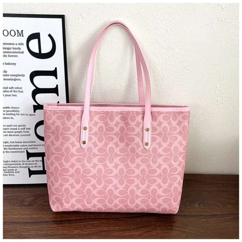 Classic Monogram Print Tote Bag, Large Capacity PU Trim Canvas Shoulder Bag, Versatile Daily Work Shopping Handbag For Women