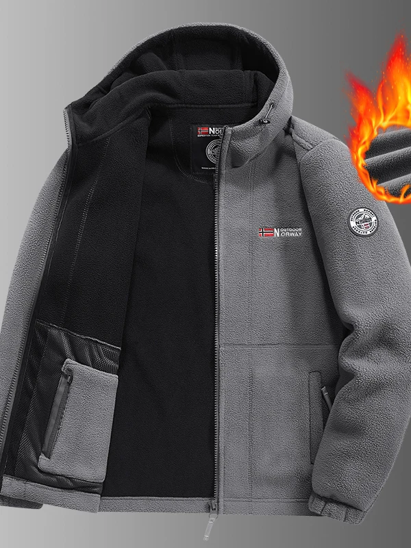 Jaqueta Masculina de Lã Grossa para Outono/Inverno, Casaco com Capuz de Pele de Cordeiro Dupla Face, Corta-Vento para Exterio...