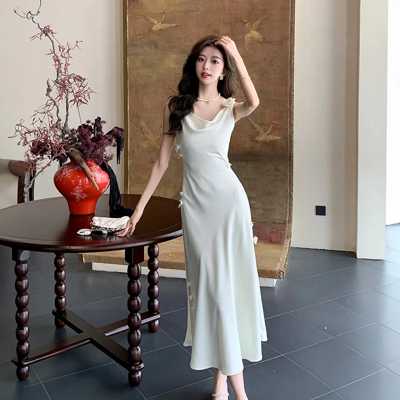 새틴 입체 꽃 스트랩 원피스 여성, 여름 엉덩이 포장, 인어 원피스 패션, 스위트 핫 걸