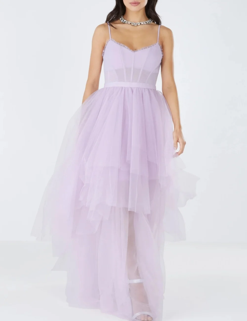 

Customized Purple Modest Sizes Available Tulle Pleat Ruched Tiered A-line V-neck Floor-Length Evening Dresses High Quality