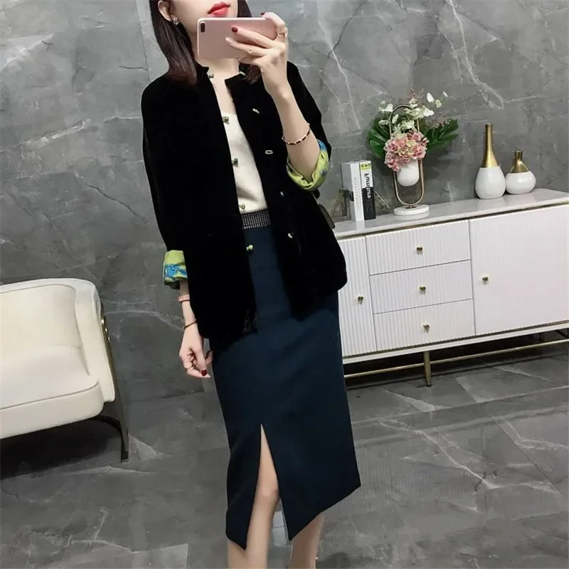 Frühling Herbst neue Damen Samt Blazer Jacke chinesischen Stil Stehkragen Farbe Kontrast weibliche Oberbekleidung Mantel schwarz Blazer Top