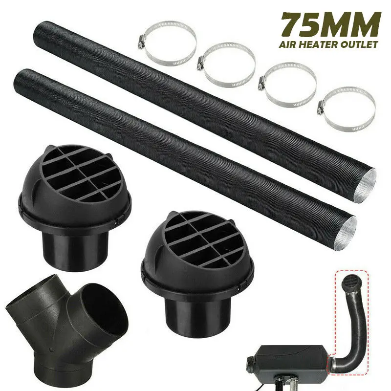 Car 75mm Heater Pipe Duct + Warm Air Outlet + Y Branch + Hose Clip For Parking Diesel Heater Replacement