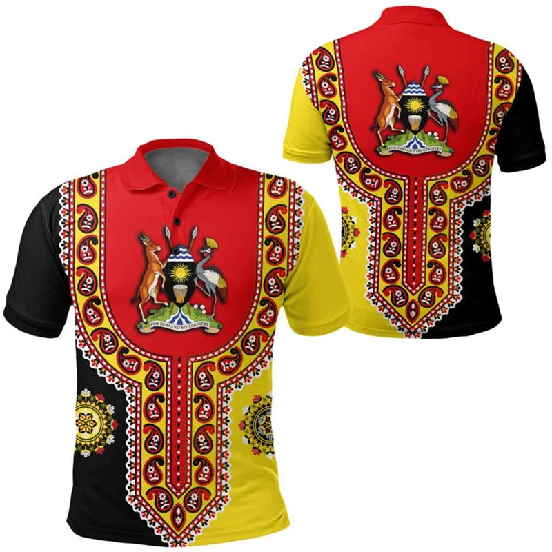 Bandeira dos homens Uganda Mapa 3D Imprimir Camisas Polo, África País Dashiki Roupas, Emblema Nacional T-shirt, Manga Curta Masculino Tees, Tops