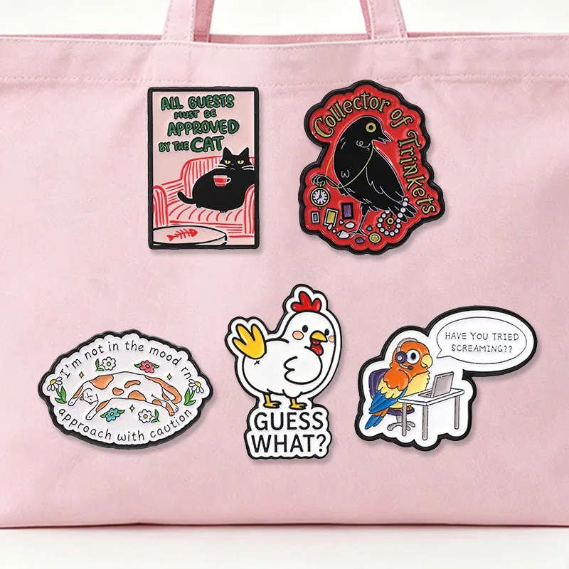 Sarcastic Funny Quote Animal Enamel Badges Cat Crow Chicken Parrot Cartoon Slogan Pins Humor Meme Metal Brooches Lapel Pin Gift