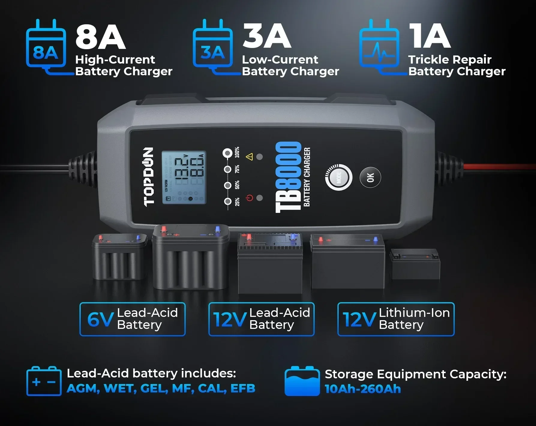 Portable Smart for TOPDON TB8000 12 V Lead Acid Lithium Automotive Auto Automatic Battery Charger 12v 24v for Car