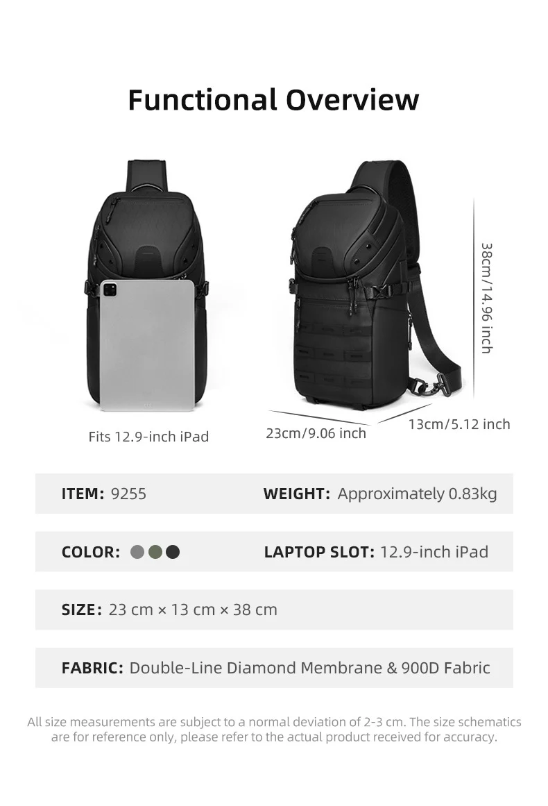 Men Chest Bag Tactical Molle One Shoulder Backpack Outdoor Sports Waterproof Crossbody Sling Bag for 12.9 inches Tablet