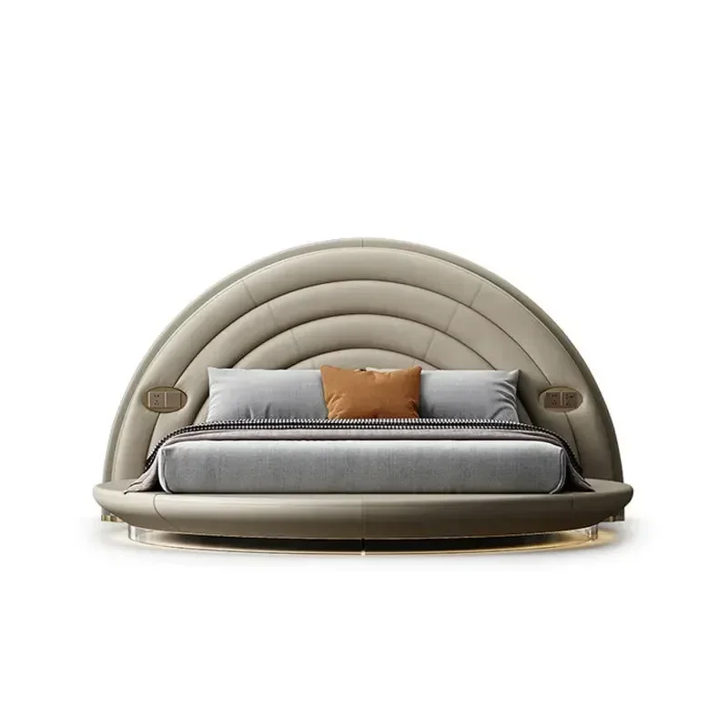 

%Round Luxury Bed Genuine Leather Headboard European Confortable Modern Bed Aesthetics Floating Wedding Cama De Casal Furniture