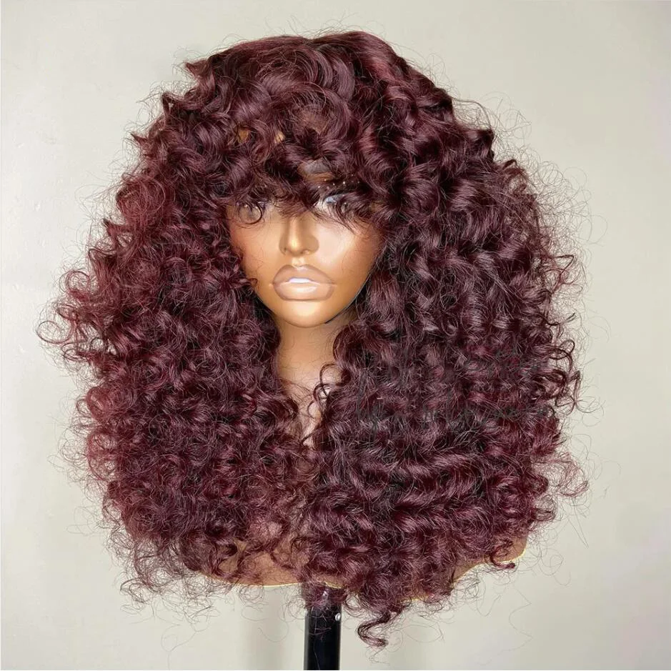 

Burgundy 24Inch Soft Long 99j Glueless 180Density Kinky Curly Machine Wig For Black Women With Bangs Preplucked Natural Hairline