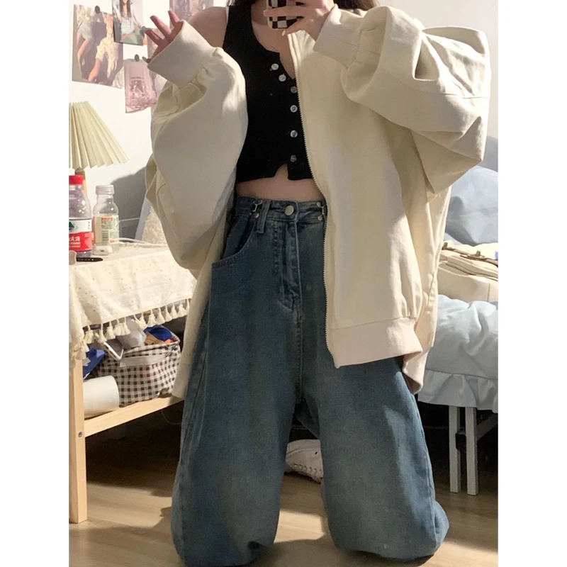 ارتفاع الخصر فضفاضة تناسب الطابق طول الدينيم الجينز المرأة الخريف جديد Sle التخسيس حجم كبير مستقيم الساق بنطال ذو قصة أرجل واسعة