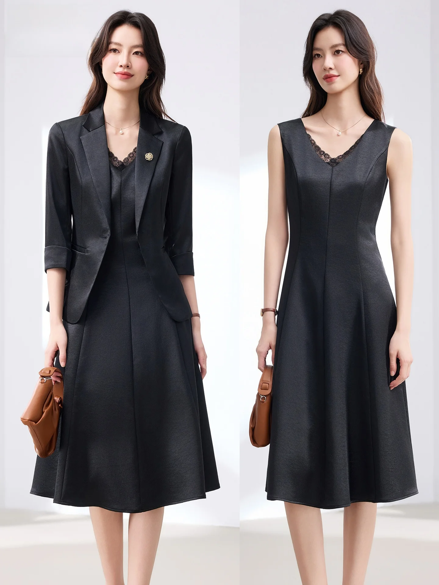 

Ele Bla Suit Set Women's Seven-Foot Sve Vest Dr Faionable Classy Sle Spring New Arrival Polyester Fiber