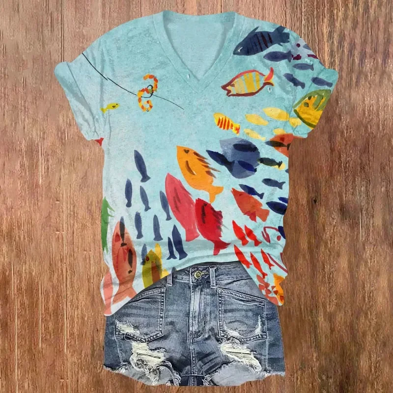 Summer Tops Casual T Shirts Japanese Ink-Wash Taiji Twin Fish Pattern Printed Short Sleeved V-Neck Women's T-Shirt
