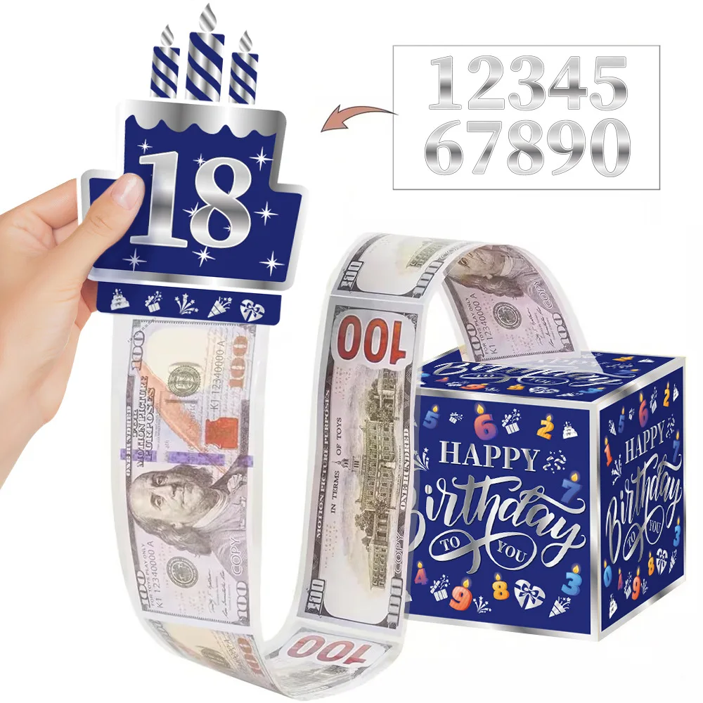 Boîte cadeau d'anniversaire avec autocollants DIY pour tous les âges, boîtes à surprise pour cadeaux en espèces avec carte de joyeux anniversaire extractible