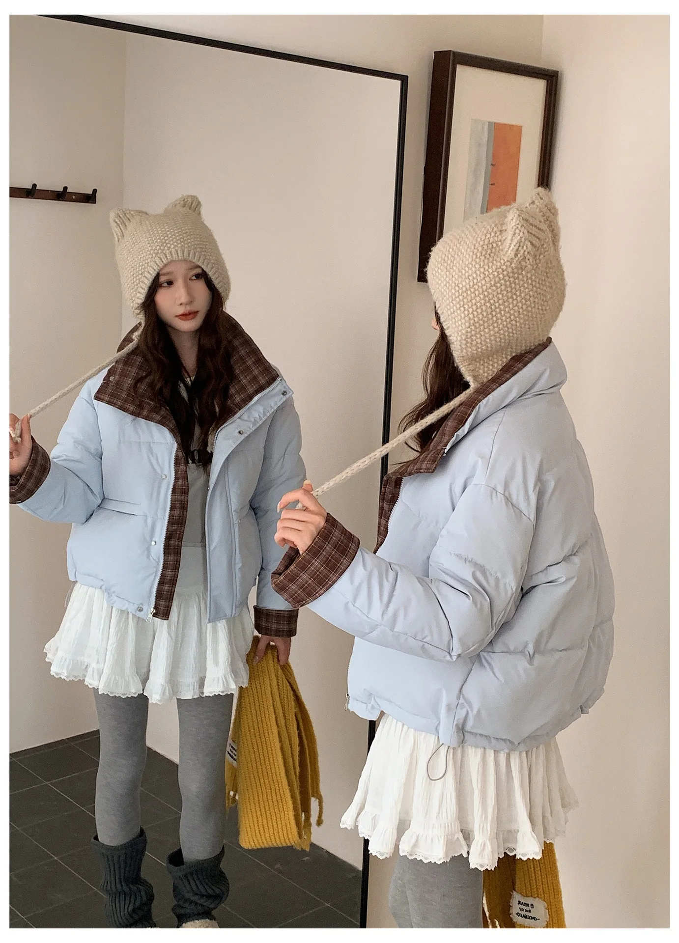 American Plaid Patchwork Puffer Jacket Women Winter Thick Stand Collar Short Parkas Woman Korean Casual Preppy Style Outerwear