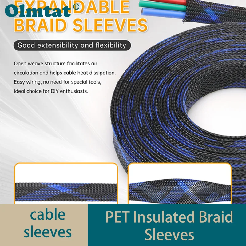 

2mm-50mm Flame-Retardant Braided Cable Sleeve PET/Nylon Insulated Wire Wrap Black/Red/Blue Tight Expandable Mesh Sheath