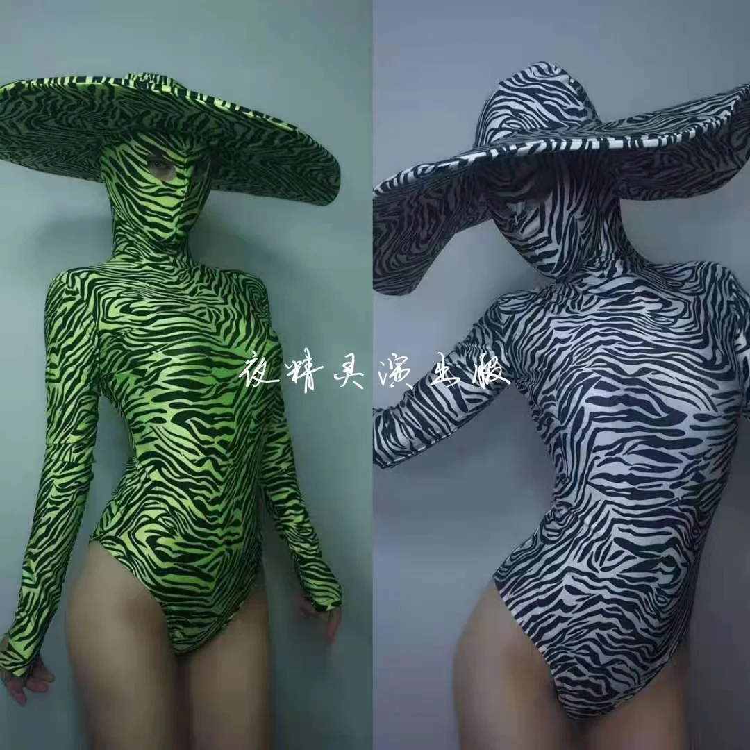 

Nightclub Bar Female Fluorescent Green Zebra Pattern High Forked Big Hat Bodysuit Atmosphere Singer Stage Performance Outwear