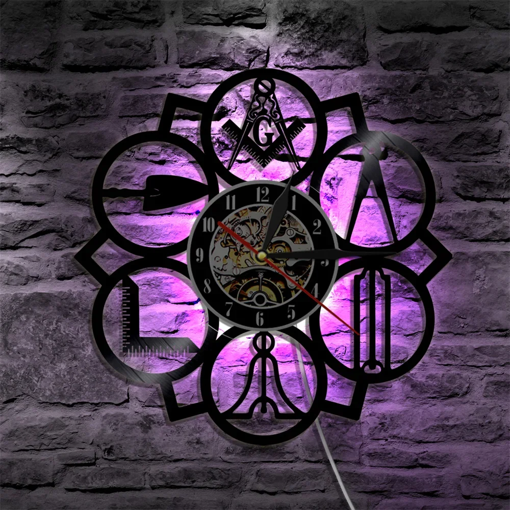Mason Logo Led Vinyl Wall Clock Decorative Hanging Modern Home Decor Vintage Gift Silhouette