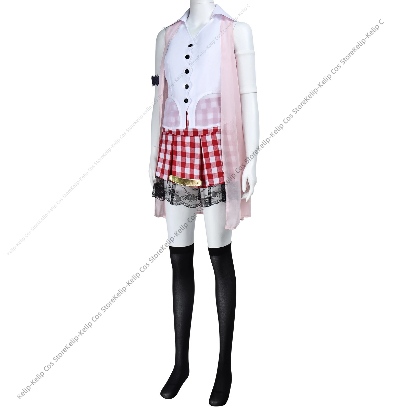 Farron Cosplay Costume Pink Shawl Grid Skirt Wig Adult Woman Sexy Cute Daily Leisure Suit view 4