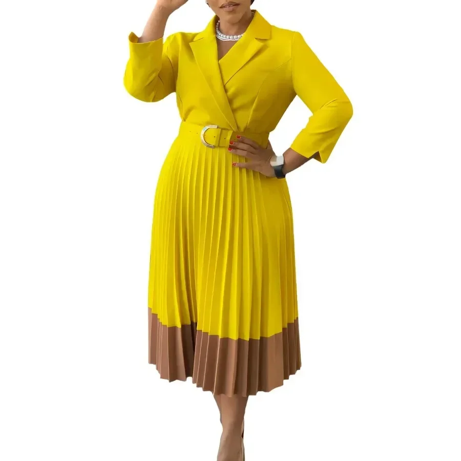 

Customized African Party Evening Dresses for Women Autumn Fashion African Long Sleeve V-neck Polyester Pleat Midi Dress African