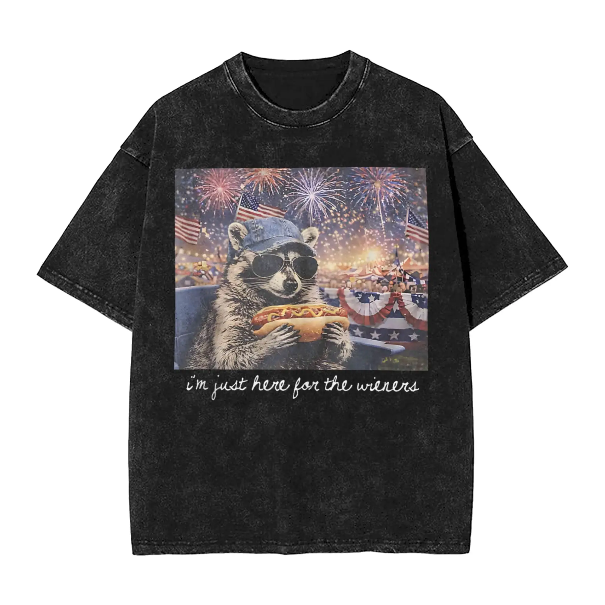Hot Dog I'm Just Here for The Wieners Raccoon Fourth of July T-Shirt Short Sleeve Y2K Fun Tshirt Beach Cotton Oversized Clothing