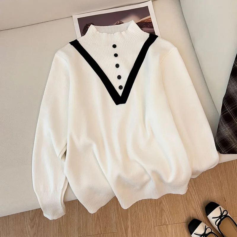 

Новый женский вязаный свитер с длинным рукавом, пуловер с воротником-стойкой и пэчворком, топы и свитеры Q3162