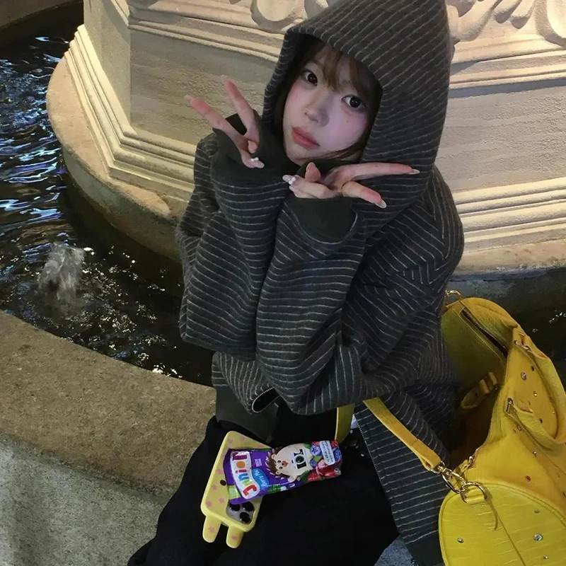 女性韓国ストライプフード付きスウェットシャツ原宿 Y2K アメリカンヴィンテージジャケット長袖ルーズカジュアルストリートクラシックレイジーコート