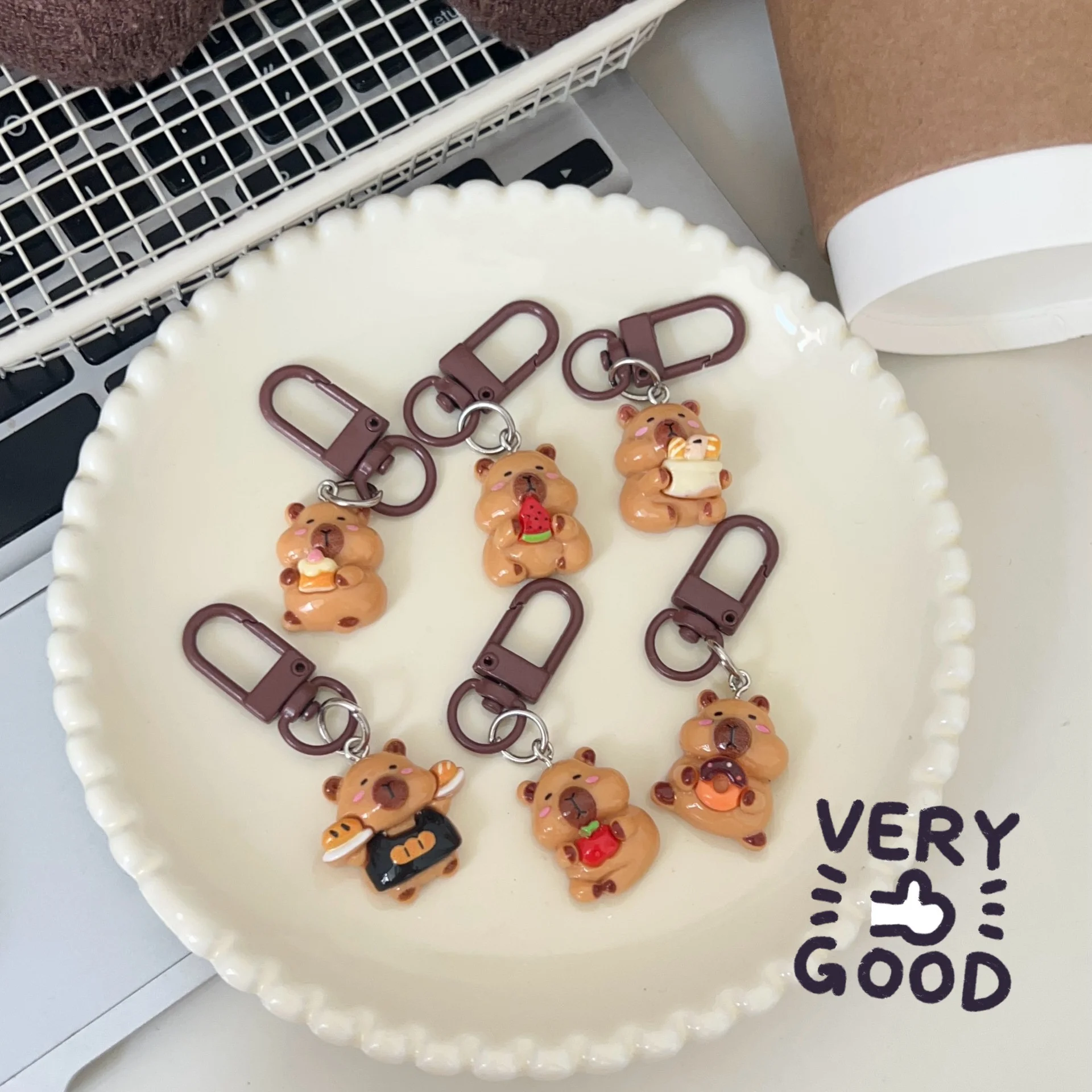 Cute Capybara Keychain Foodie - Eating Baguette Bread Apple Watermelon Donut Cake, Kawaii Pendant for Bag Car Keys Gift