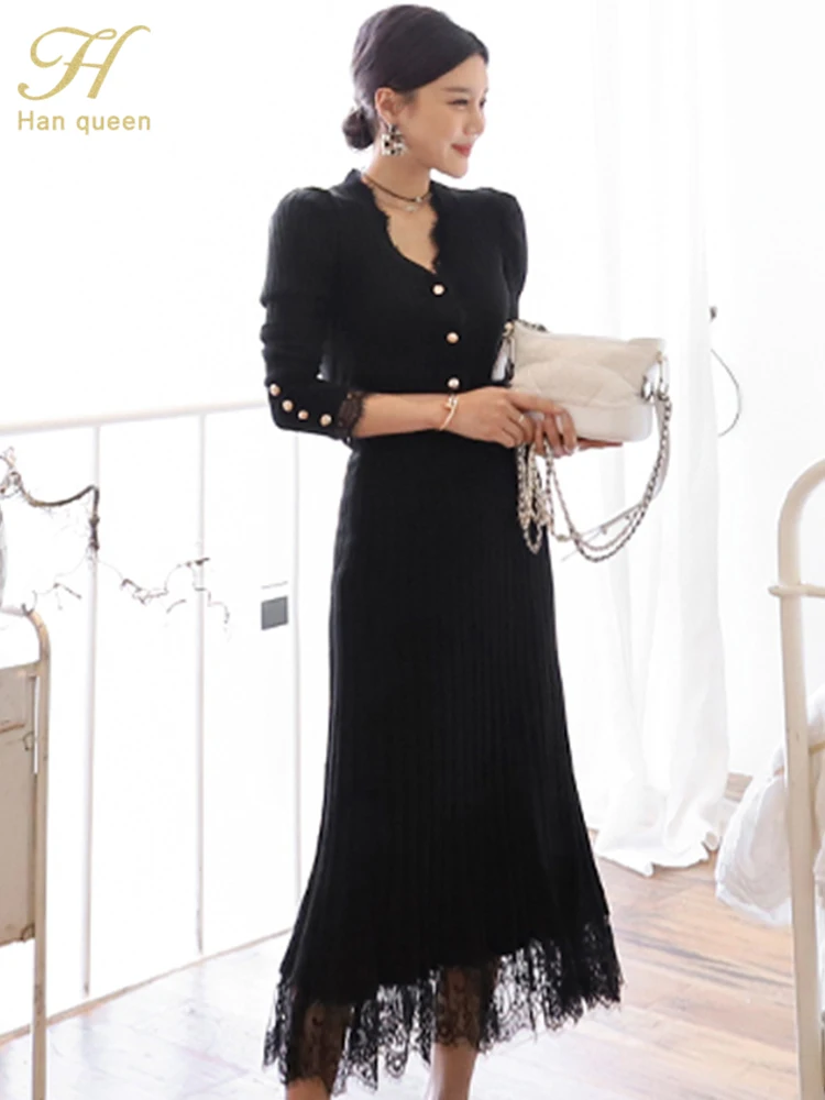 H Han Queen Women Winter OL Work 2 Pieces Suit Knitted top & Stitching Lace Long Skirt Simple Slim Casual Occupation Sweater Set