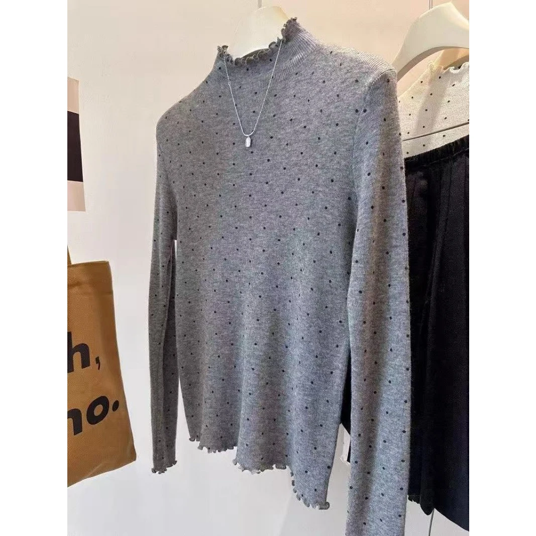 Polka Dot Half High Collar Thin Long Sleeve Women's Base Shirt Inner Wear Layering Small Circle Top Princess Style T-shirt