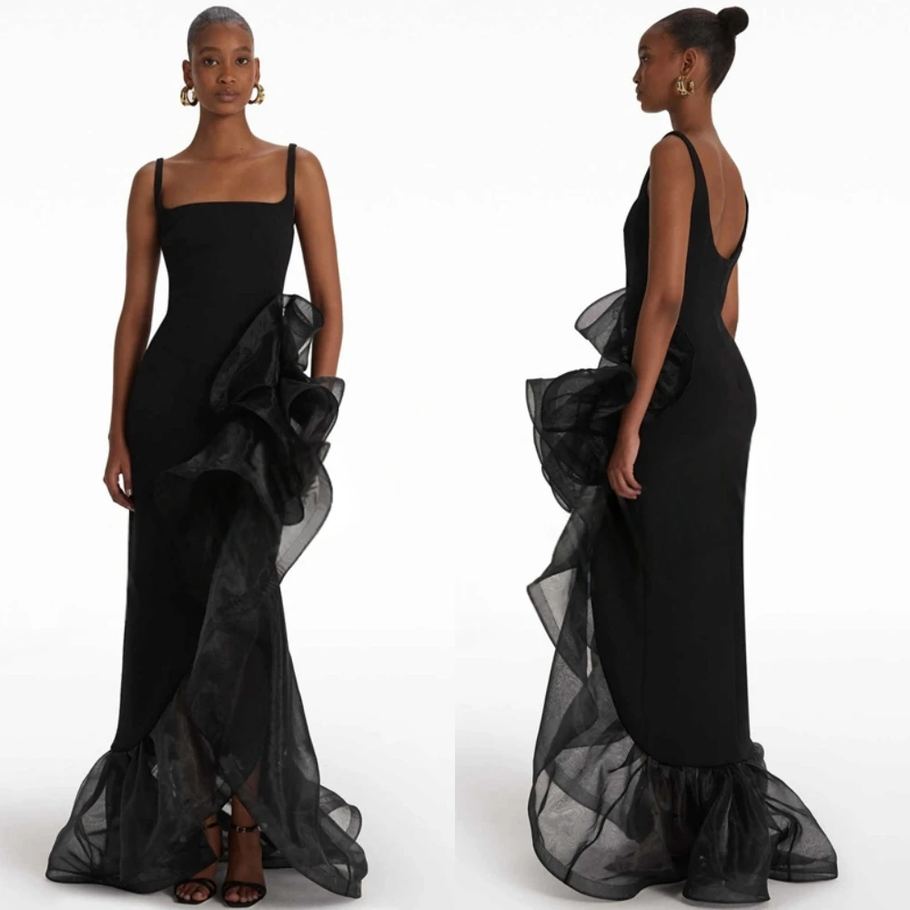 

Customized Simple Black Jersey Bridal Party Soft Square Collar Sleeveless Party Dress Sexy Spaghetti Straps Backless Party Dress