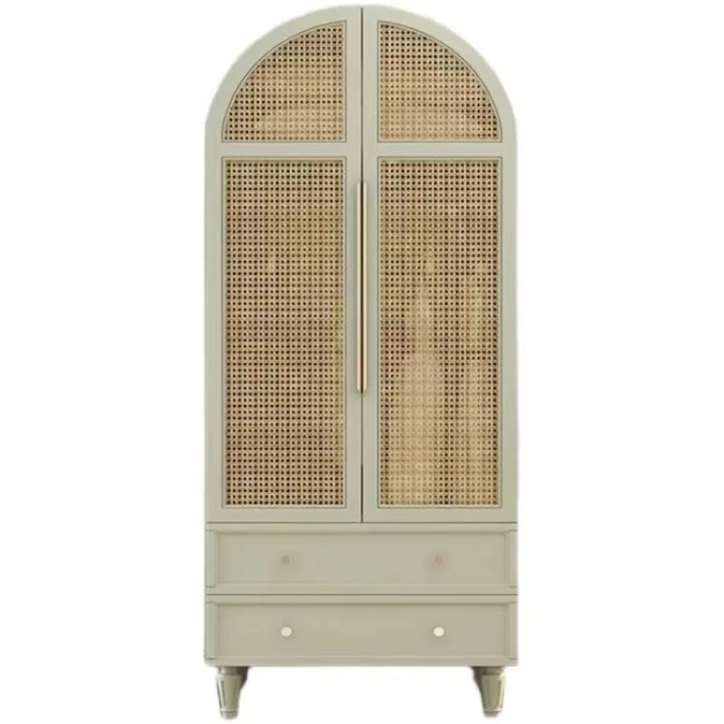 Nordic solid wood rattan wardrobe American simple small apartment double door storage cabinet