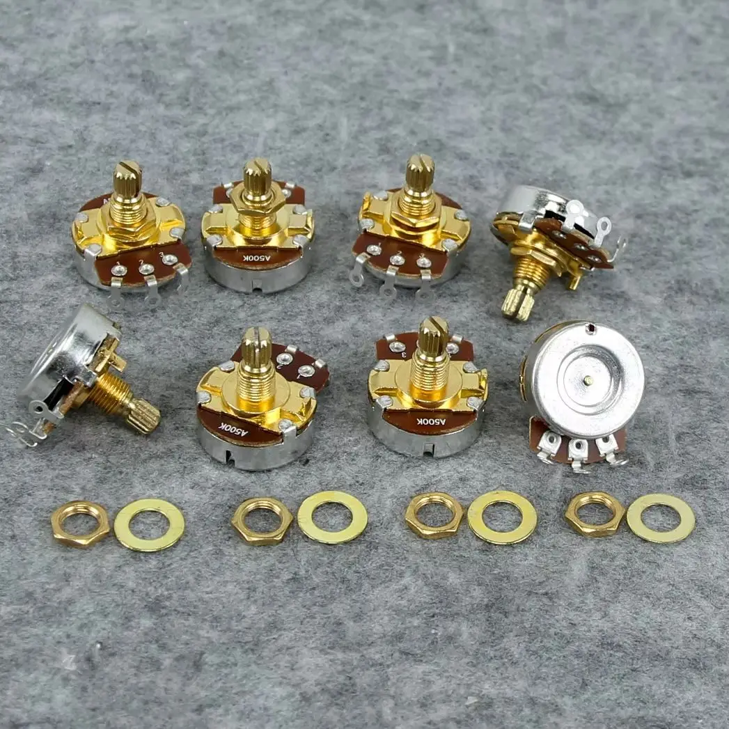 

FLEOR 8 шт. золотистые 18-шлицевые гитарные потенциометры 500K/250K с длинным/коротким валом на выбор, запчасти для гитары