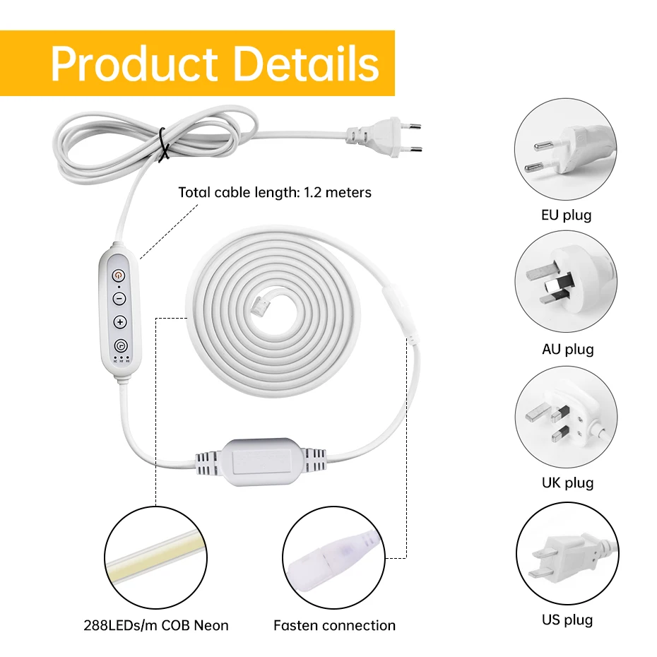 220V Flexible Tape 288LEDs/m COB LED Strip Light with Timing Dimming Switch Led Neon Lights Ribbon Waterproof Outdoor Lighting