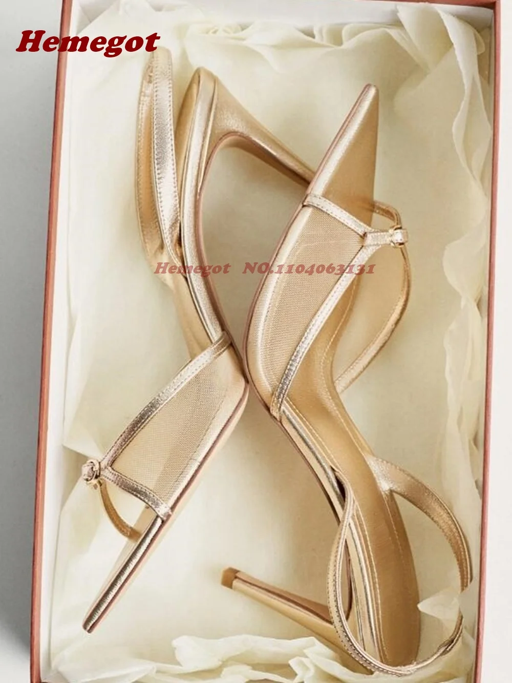 Gold Air Mesh Pointy Toe Sandals Buckled Stiletto Thin Heels Slingback Women's Sandals Glossy Summer Runway Splicing Shoes Sexy