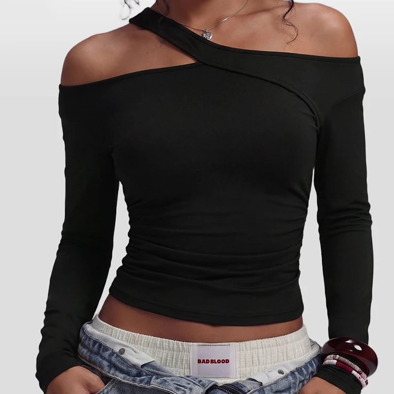 Women's sexy off shoulder hanging neck yoga top long sleeved gym running top slim fit quick drying exercise shirt