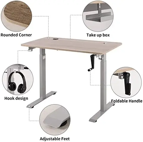 Crank altura ajustável em pé mesa, mesa escritório em casa, mesa computador portátil, sentar-se para levantar-se, escrita