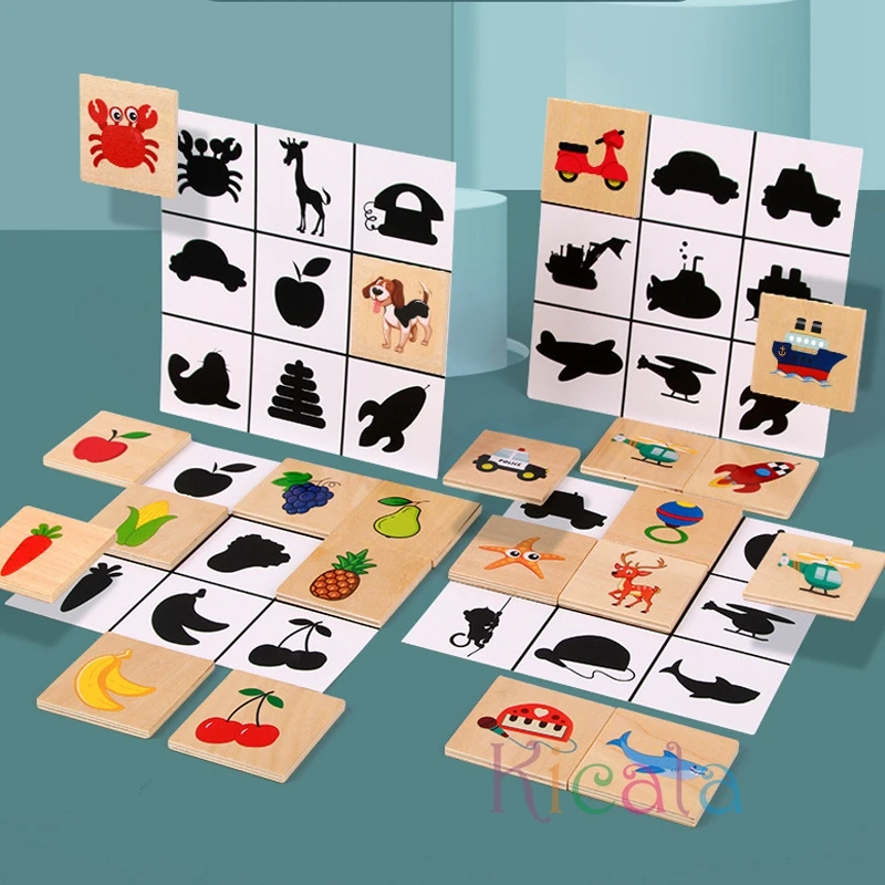 Montessori Wooden Shadow Puzzle para Crianças, Veículos, Animais, Cognição, Brinquedo Combinar, Aprendizagem, Tabuleiro Educativo, Jogo de Brinquedos