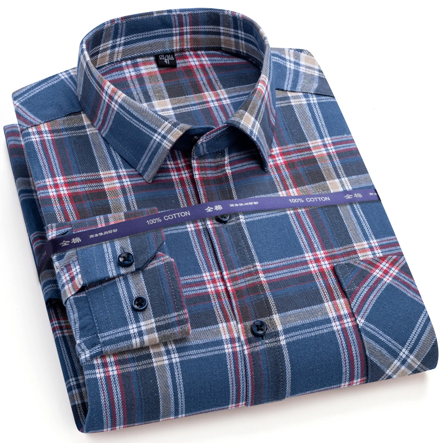 New men's long-sleeved brushed pure cotton shirt with check pattern - trendy, casual, comfortable, suitable for all seasons.
