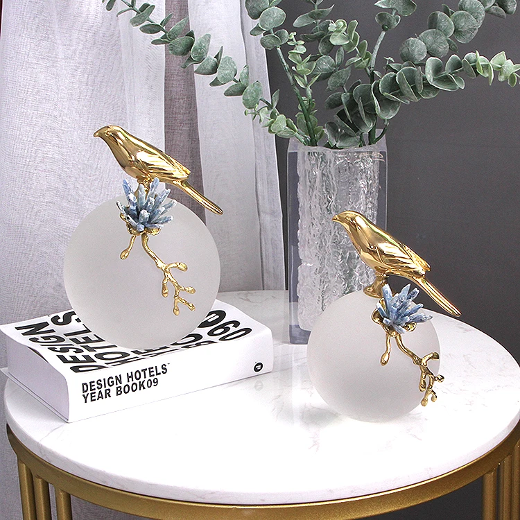 Modern Golden Bird Stand On Frosted Crystal Ball Figurines Home Crafts Living Room Decor Objects Office Brass Accessories Gifts