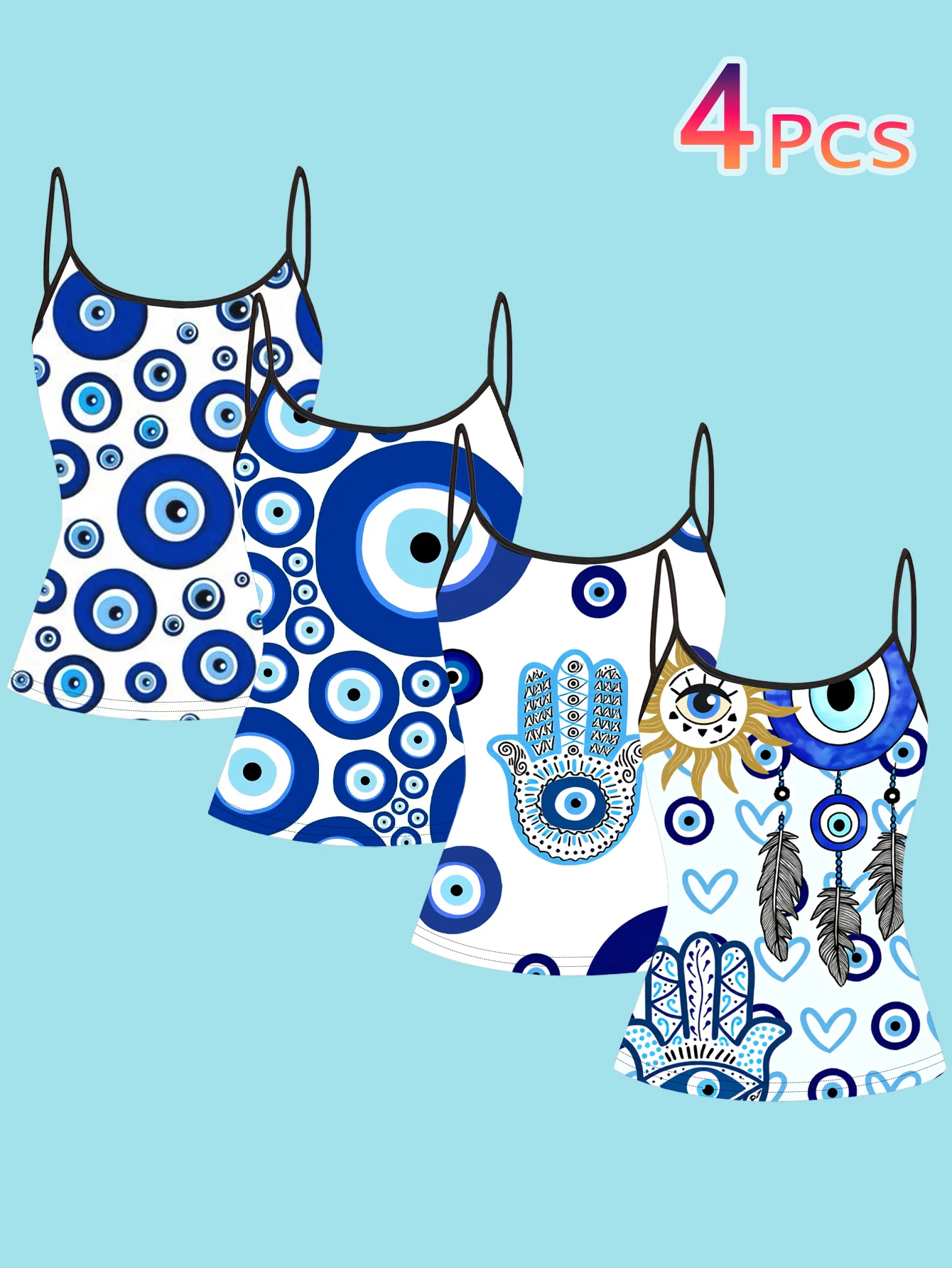 4-Piece Set of Women's Turkish Evil Eye Print Camisoles, Fatima's Hand Feather Blue and White Pattern Slim-Fit Spaghetti Strap Inner Tops