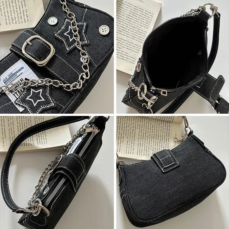 Y2k Hot Girls Star Denim Underarm Bag Retro Button Women\'s Chain Shoulder Crossbody Bags Female Canvas Zipper Purse Handbags