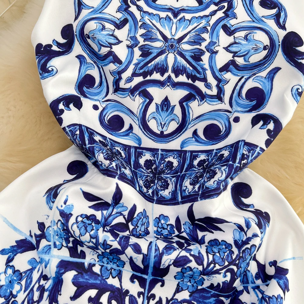 Mini robe de créateur de mode pour femmes, impression sur porcelaine bleue et blanche, robe trapèze précieuse, robe de soirée éducative, haute qualité, été