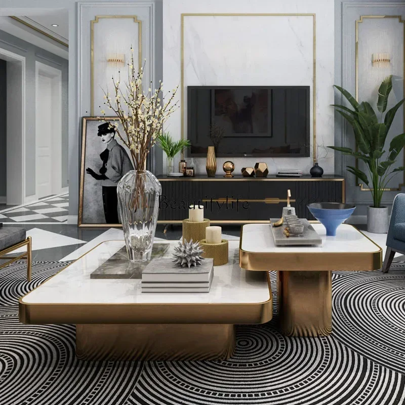 

Nordic new special-shaped marble high and low combination coffee table stainless steel high-endLX