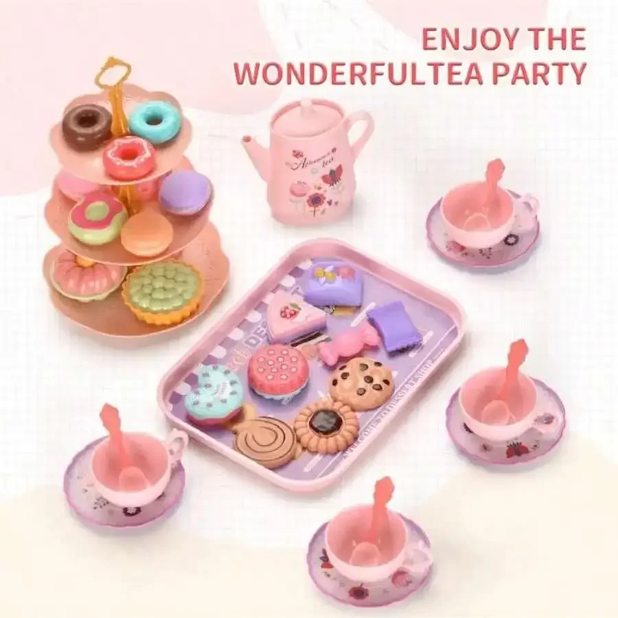 Ensemble de fête de thé pour filles, 42 pièces, jouets de cuisine princesse avec biscuits desserts, beignets et théière, cadeau de jeu de rôle pour enfants