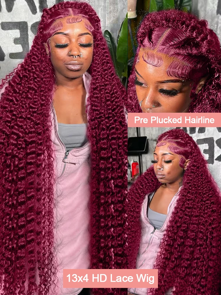 99J Burgundy Curly Wigs 13x6 HD Lace Front Human Hair Wig Pre Plucked 250% Brazilian Transparent Deep Wave Frontal Wig 30 38 Inch Red Wine Colored Water Wave Human Hair Wigs For Women image 7