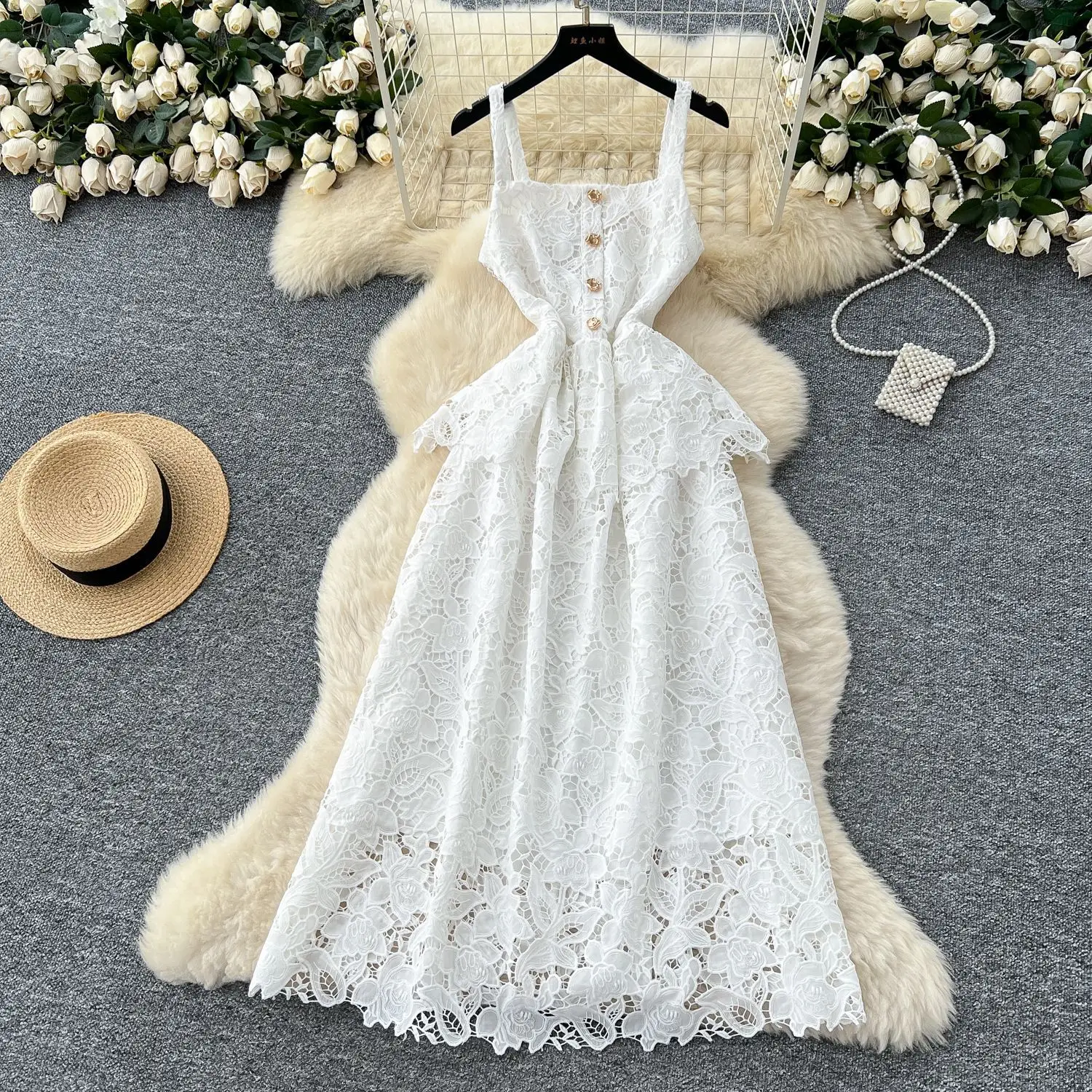 

Camisole White Dress Ankle Length Evening Dresses Lace Women Spliced Sleeveless Slim Fit Elegant Casual Vestidos Party Summer