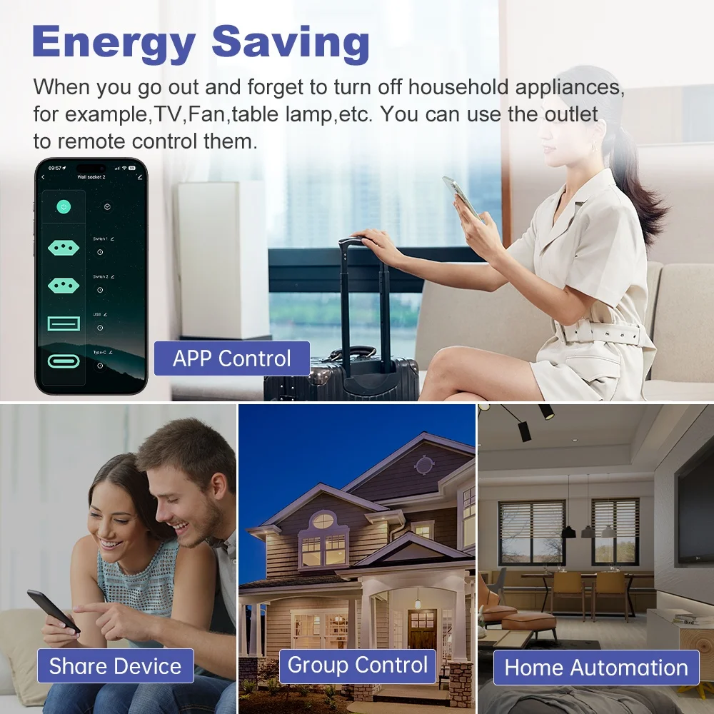 Manhot WiFi Brazil Smart Wall Socket 16A Dual Outlet USB Type-C Charge Port Power Plug Work For Smart Life APP Alexa Google Home