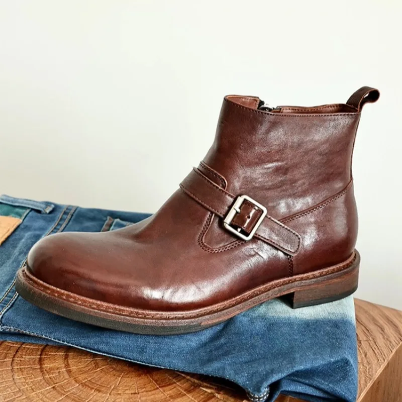 Retro Style Washed Genuine Leather Handmade Motorcycle Boots Men's Shoes High Top Comfortable Casual Chelsea Male Boots