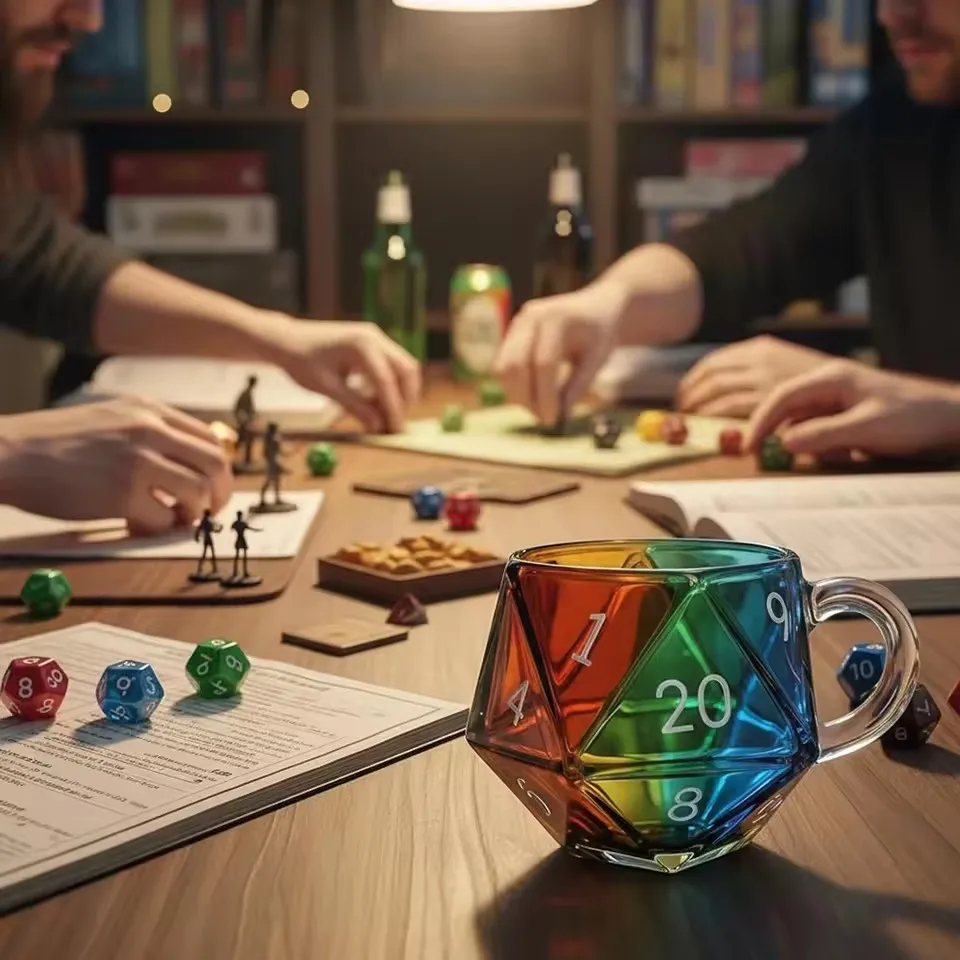 Dragons Rainbow Glass D20 Dice Mug with Handle Polyhedral Dice Coffee Cup D20 Dice Glass Cup for Game Night Board Games Lovers